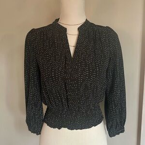 Black 3/4 length sleeve mock v neck smocked cinch waist crop top blouse